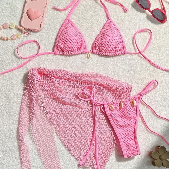 Damen Triangel-Bikini mit transparentem Netzgewebe und Schnürdetails EB