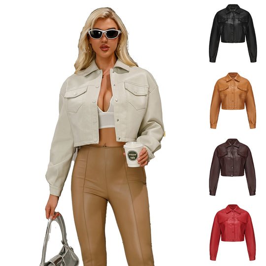 Damen nan kurze Lederjacke im Trucker-Stil mit kastiger Cropped-Passform EB