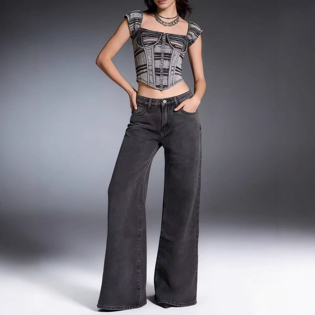 Damen weite Denim-Hose mit Vintage-Waschung und hoch geschnittenem Bund EB