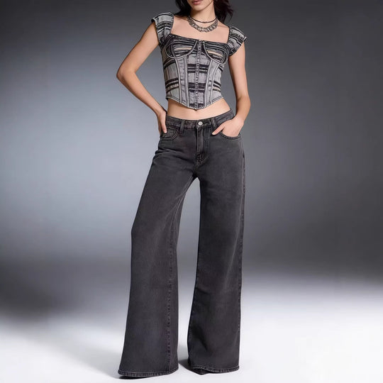 Damen weite Denim-Hose mit Vintage-Waschung und hoch geschnittenem Bund EB