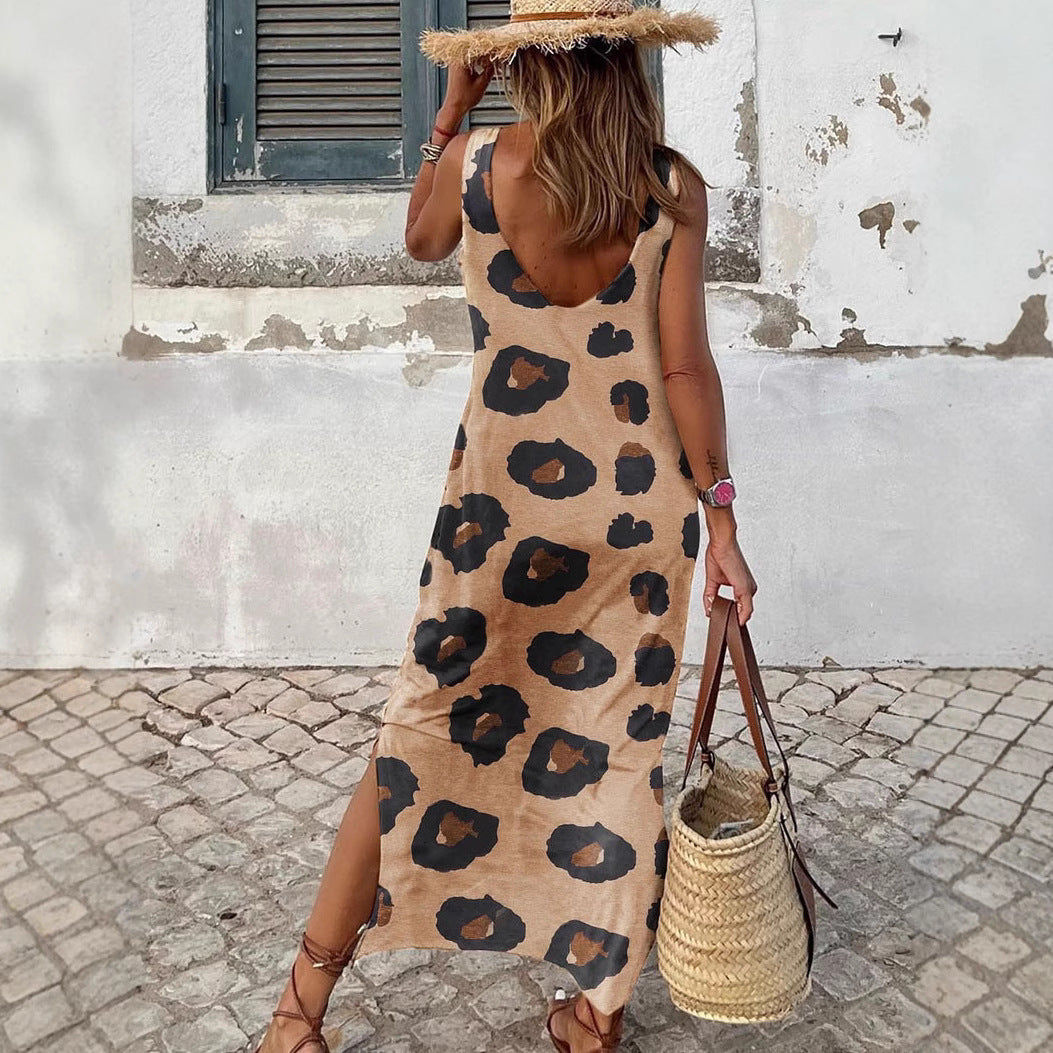 Damen Maxikleid mit modernem Leopardenmuster und ärmellosem Design EB