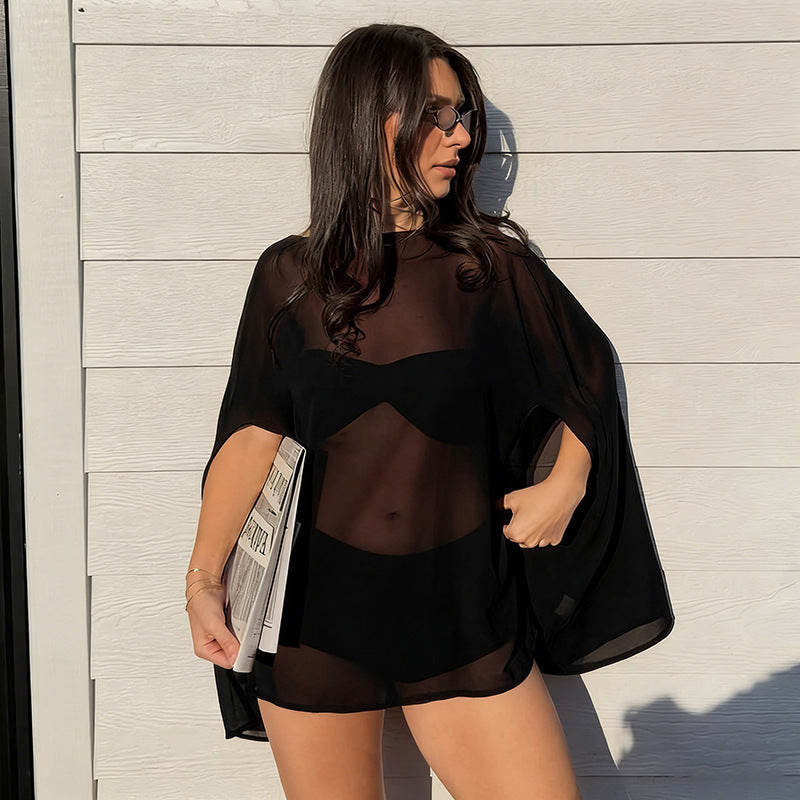 Damen eleganter transparenter Poncho mit Makramee-Detail EB