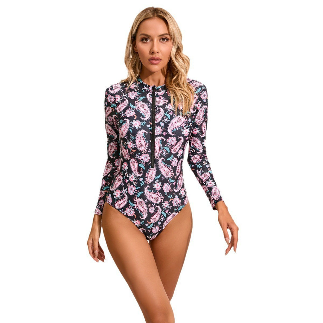 Damen Hochgeschlossener Einteiler Badeanzug mit zip und floralem Muster EB