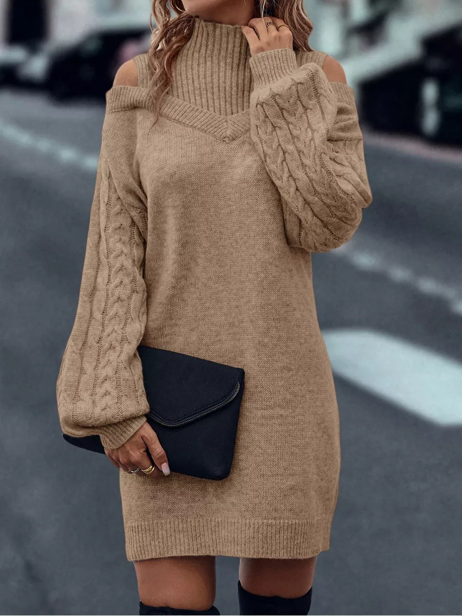 Damen Strickkleid mit geöffneten Schultern und strukturiertem Stehkragen EB