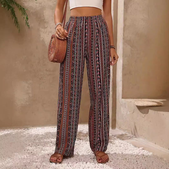 Damen weite Palazzo-Hose mit buntem Ethno-Design und elastischem Bund EB