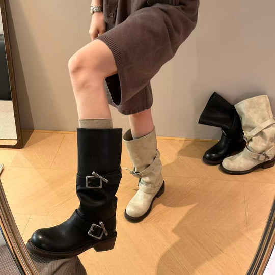Damen modische Stiefel mit verstellbaren Riemen und komfortablem Blockabsatz EB