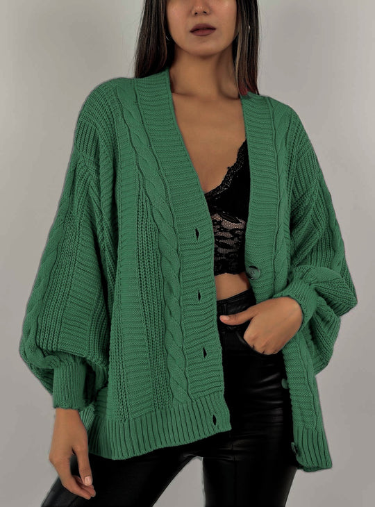 Damen Grobstrick-Cardigan mit großen Knopfdetails und voluminösen Ärmeln EB