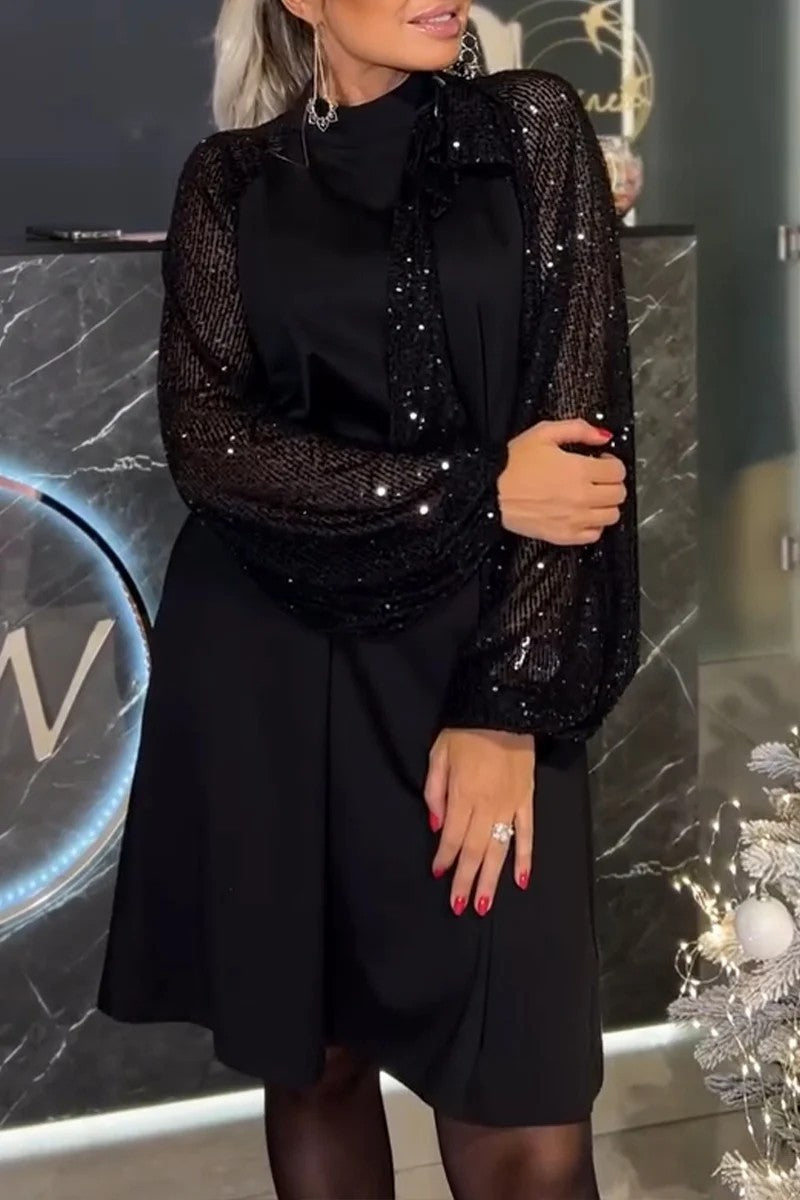 Damen Elegantes Kleid mit glitzernden Ärmeln und festlichem Kragen EB