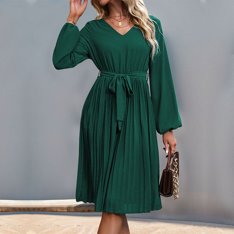 Damen Plissiertes Wickelkleid mit Taillengürtel und langen Ärmeln EB