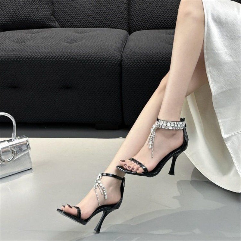 Damen elegante High Heel Sandalen mit funkelnden Strassapplikationen EB