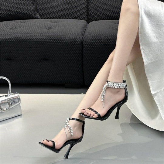 Damen elegante High Heel Sandalen mit funkelnden Strassapplikationen EB