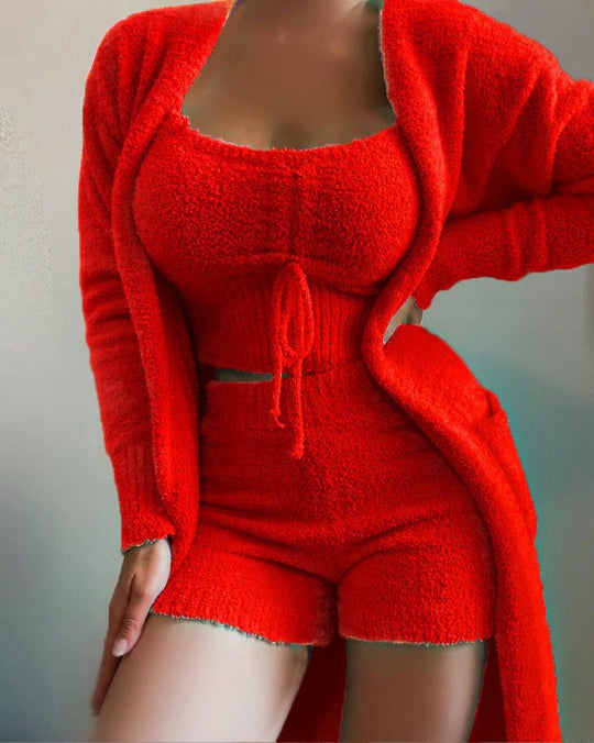 Damen nan luxuriöses Teddy-Fleece Lounge-Set mit Longcardigan, gerafftem Cropped-Bustier und Highwaist-Hose EB