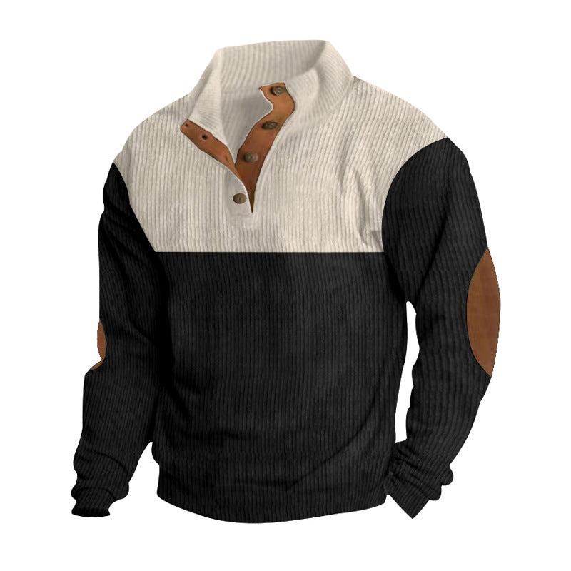 Herren nan strukturiertes Rugby-Pullover mit Stehkragen, Knopfleiste und Leder-Ellenbogenpatches EB