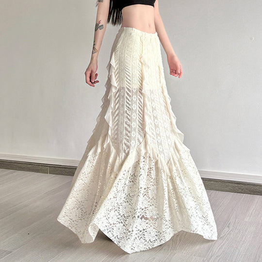Damen eleganter Maxirock mit raffinierten Rüschen und Spitzenakzenten EB