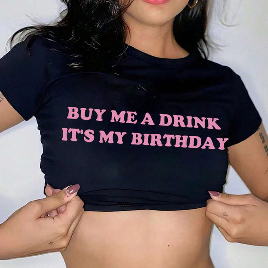 Damen Crop-T-Shirt mit witzigem Geburtstagsslogan und figurbetontem Schnitt EB