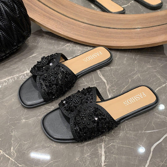 Damen nan elegante Mule mit quadratischer Zehenpartie Bouclé-Obermaterial und Perlenverzierung EB
