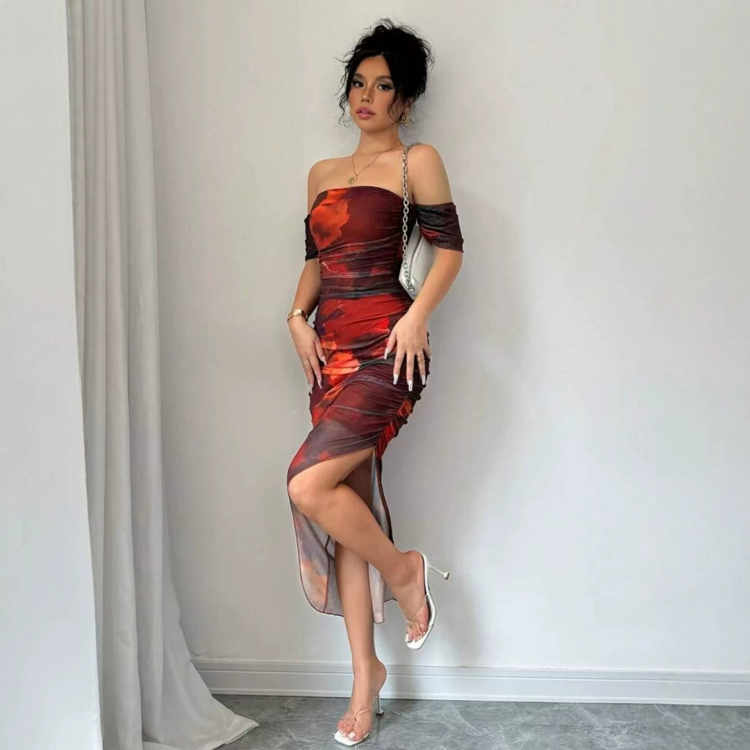 Damen elegantes Off-Shoulder Kleid mit raffinierten Rüschen EB
