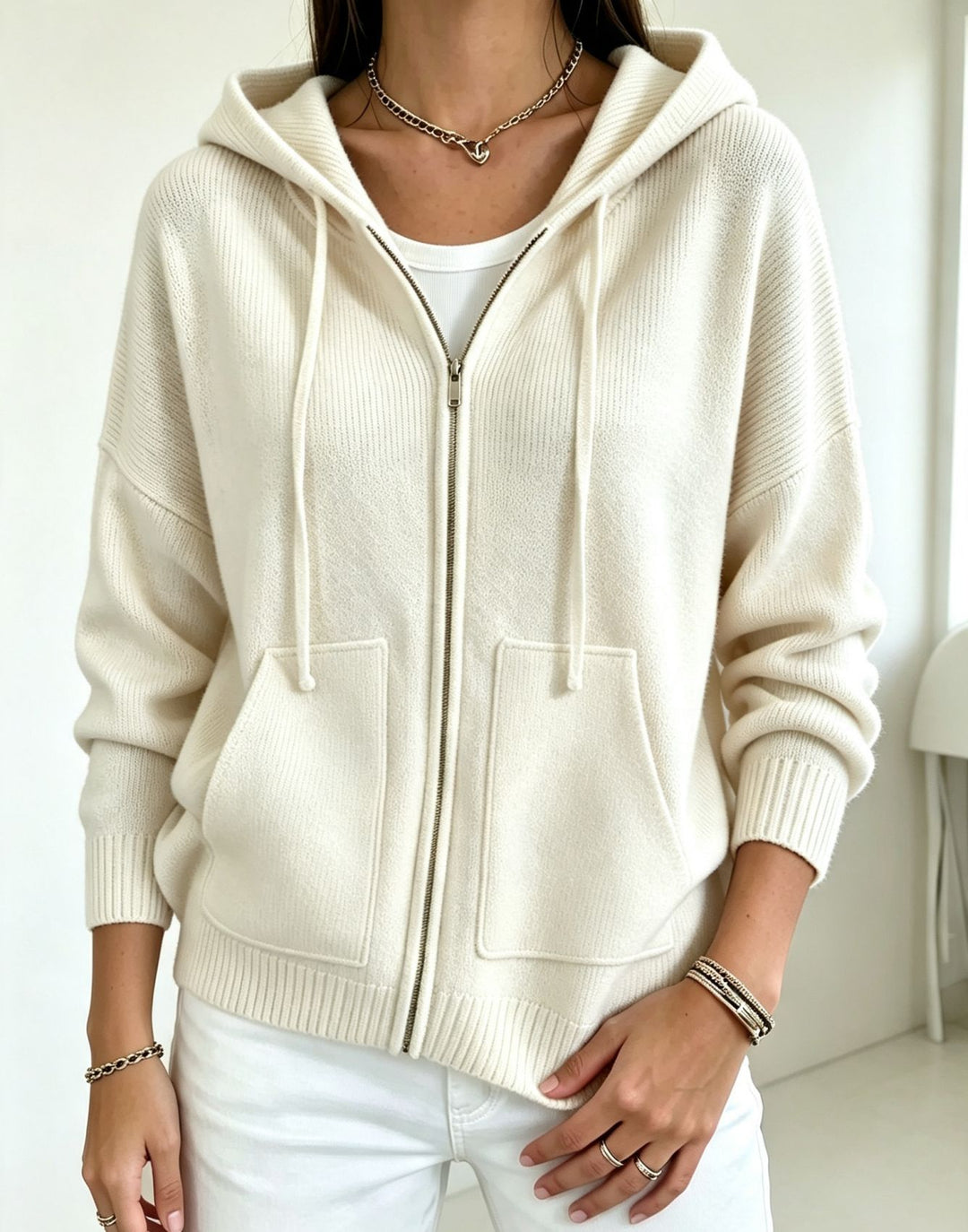 Damen Kapuzen-Wollmix Zip-Cardigan mit kastiger Passform und Kängurutaschen EB