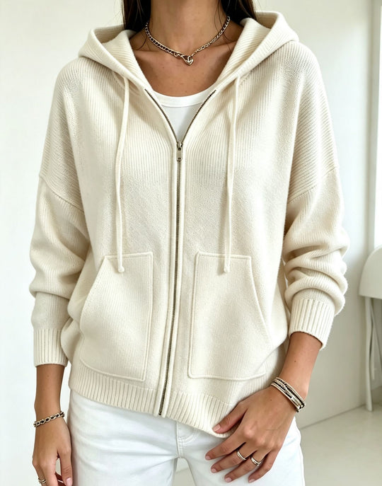 Damen Kapuzen-Wollmix Zip-Cardigan mit kastiger Passform und Kängurutaschen EB
