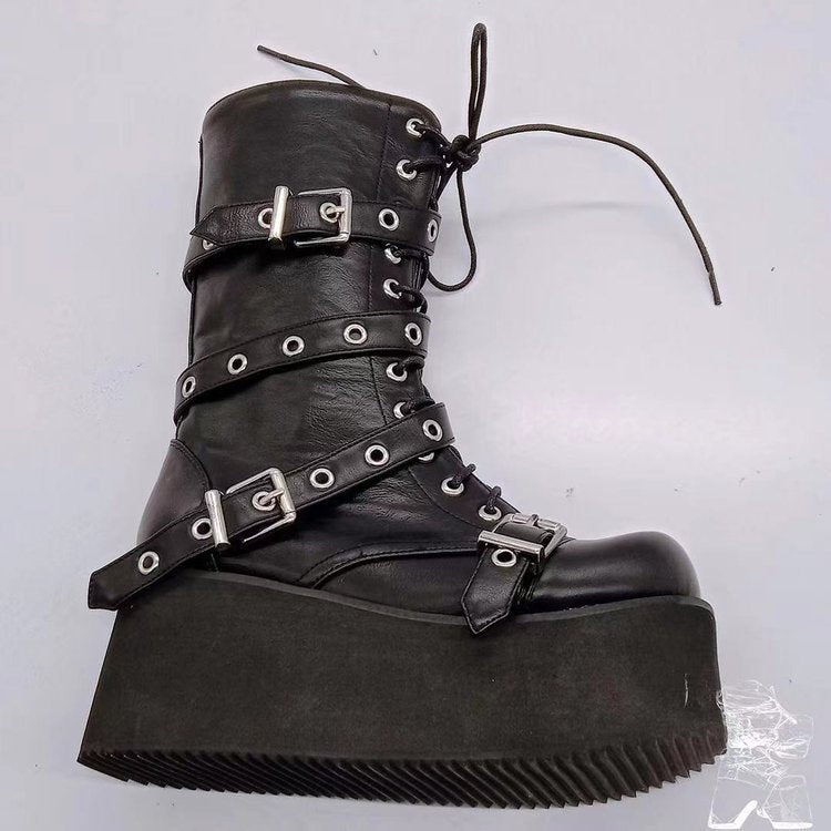 Damen Plateau-Stiefel mit robusten Schnallen und hochwertiger Leder-Oberfläche EB