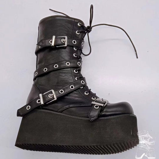Damen Plateau-Stiefel mit robusten Schnallen und hochwertiger Leder-Oberfläche EB