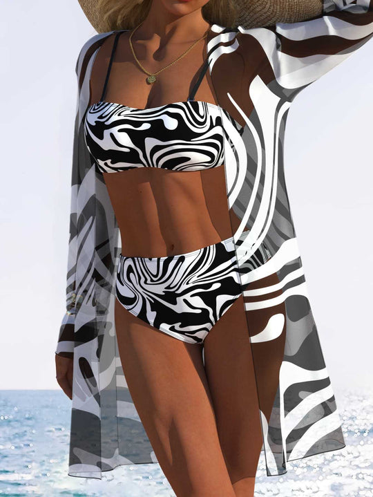 Damen Bikini-Set mit schickem Zebra-Muster und transparentem Überwurf EB