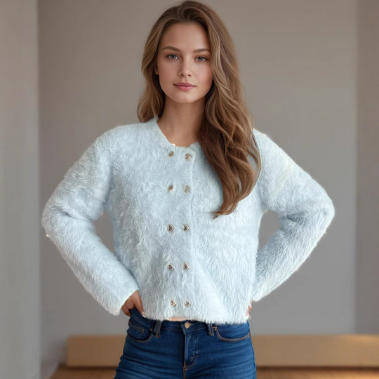 Damen flauschige Strickjacke mit herzförmigen Knöpfen und lockerer Passform EB