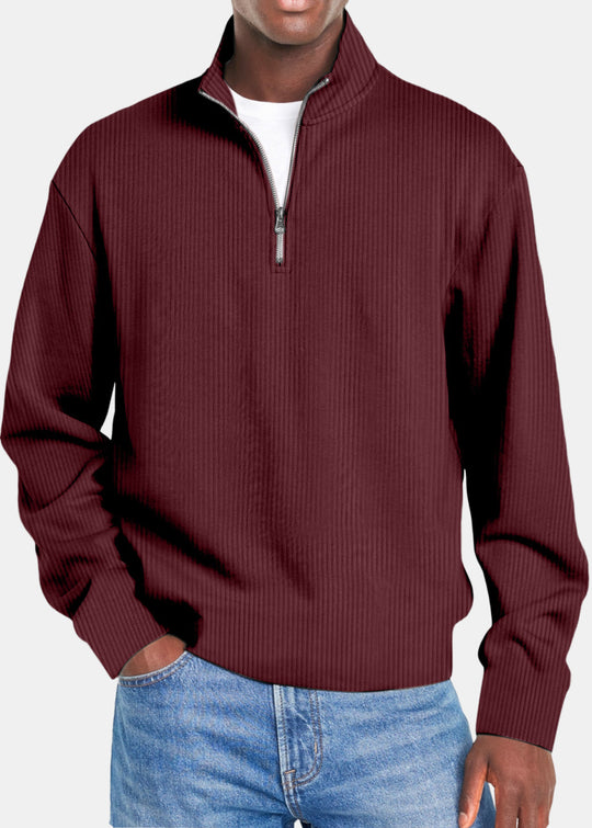 Herren nan gerippter Troyer-Pullover mit Halbzip und Stehkragen EB
