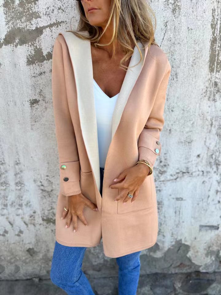 Damen modische Longjacke mit großzügiger Kapuze und praktischen Taschen EB