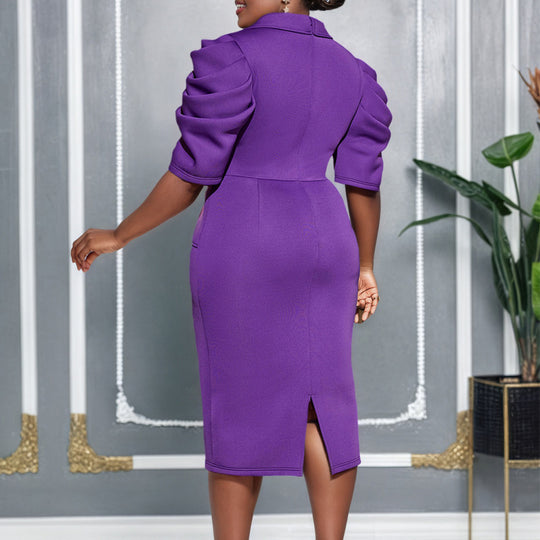 Damen Elegantes Business-Kleid mit stilvollem Wickel-Design und Puffärmeln EB