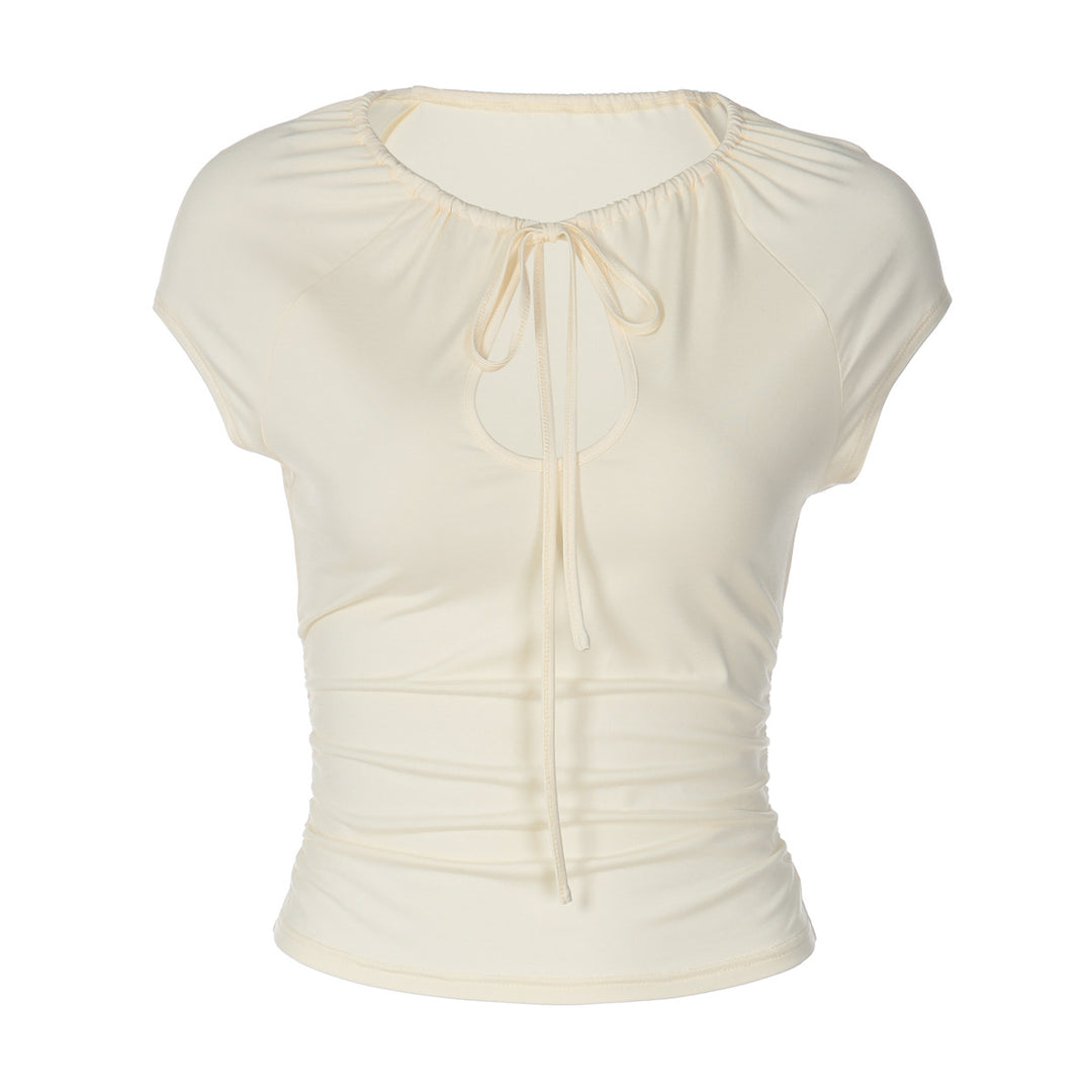 Damen figurbetontes Kurzarmshirt mit Dekolleté und Raffung EB