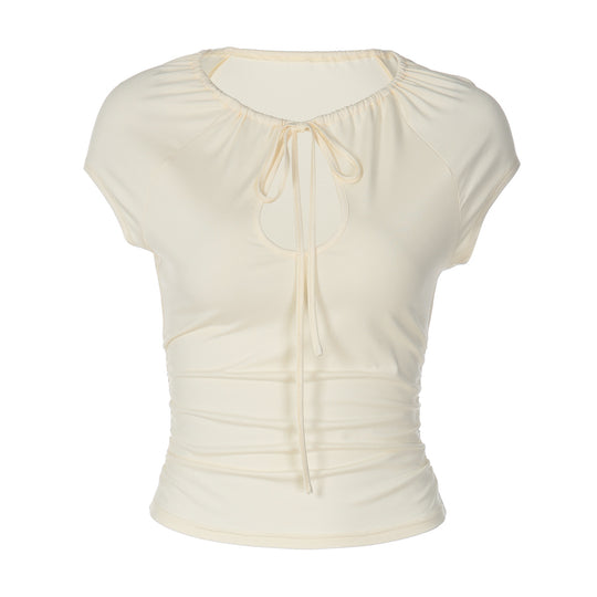 Damen figurbetontes Kurzarmshirt mit Dekolleté und Raffung EB
