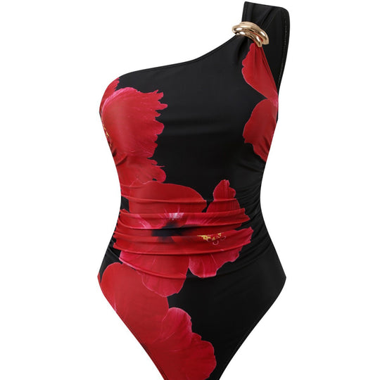 Damen Eleganter Einteiler mit asymmetrischem Schnitt und floralem Design EB