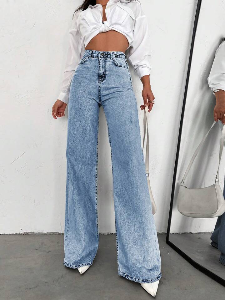 Damen Weite Flared Jeans mit hohem Bund und modischen Rissdetails EB