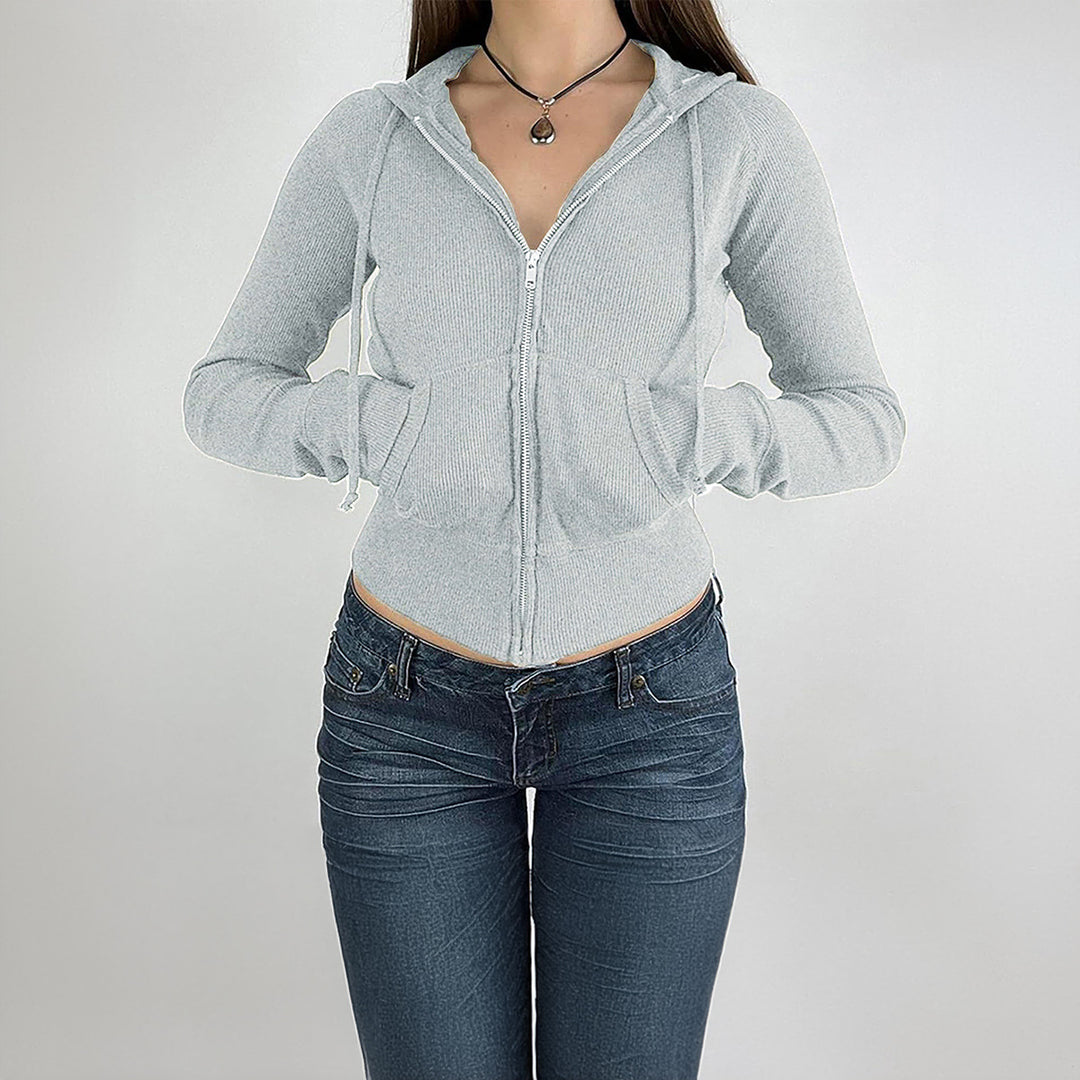 Damen nan schmal geschnittene Feinstrick-Hoodiejacke mit Metallzipper, Kängurutaschen und Daumenlochbündchen EB