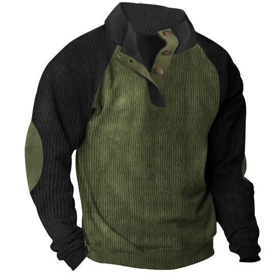 Herren Strukturiertes Raglan-Henley-Pullover mit Stehkragen, Ellenbogenpatches & Knopfleiste EB