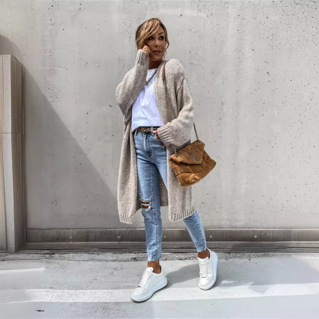 Damen Grobstrickjacke mit offener Front und lässigen Ärmeln EB