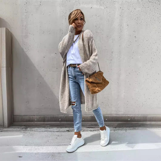 Damen Grobstrickjacke mit offener Front und lässigen Ärmeln EB