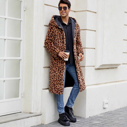 Herren Eleganter Kunstfellmantel mit Leopardenmuster EB