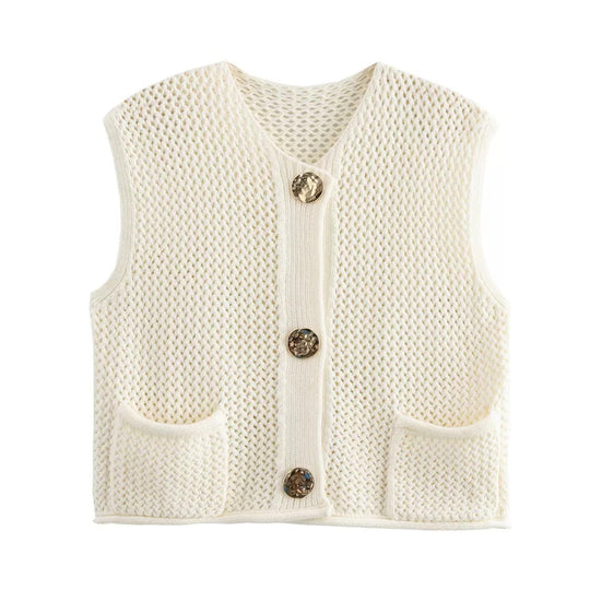 Damen gehäkelte Strickweste mit großen Zierknöpfen und Aufsatztaschen EB