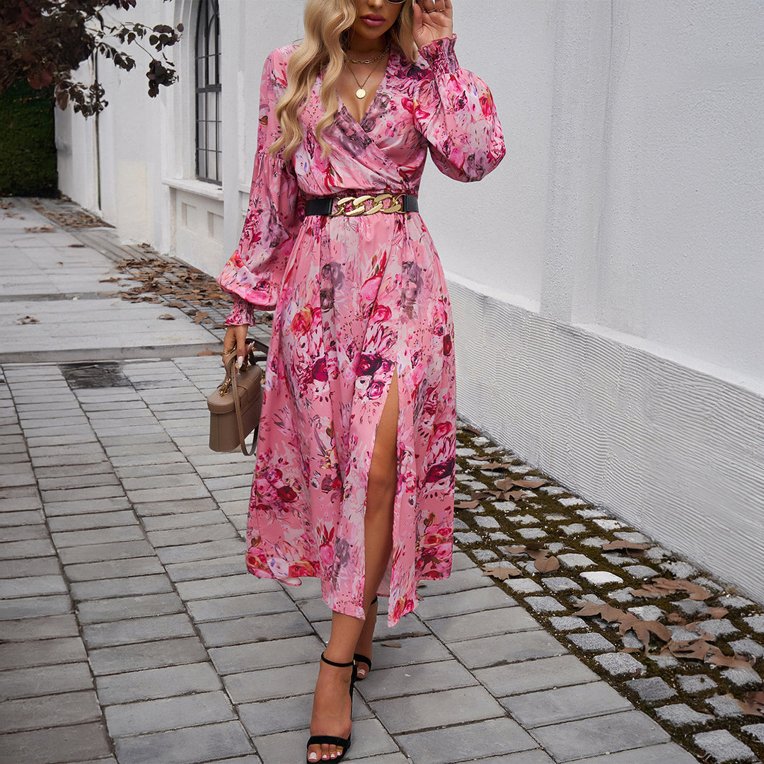 Damen nan Wickelmidikleid mit V-Ausschnitt, Ballonärmeln und taillierendem Gürtel EB