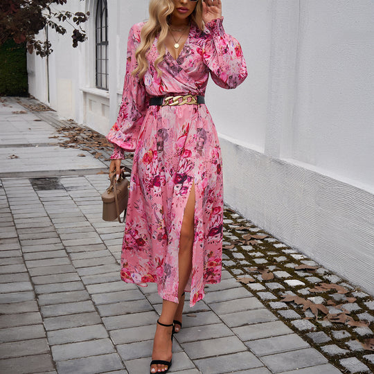 Damen nan Wickelmidikleid mit V-Ausschnitt, Ballonärmeln und taillierendem Gürtel EB