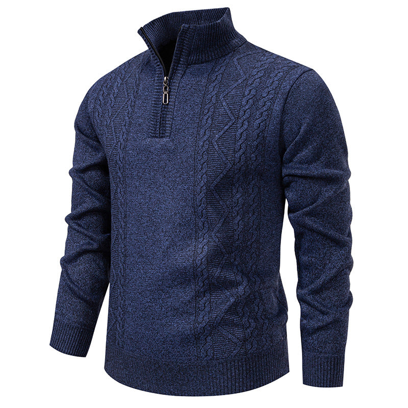 Herren nan gehobener Strickpullover mit Halbzip, Stehkragen und dekorativem Zopfmuster EB