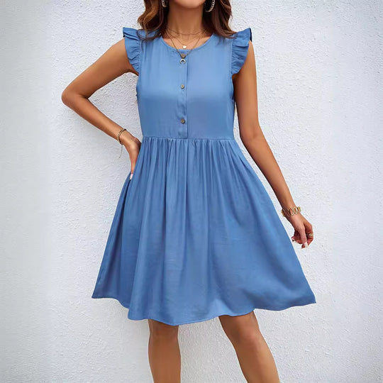 Damen lässiges Kurzkleid mit rüschigen Schulterdetails und Knopfleiste EB