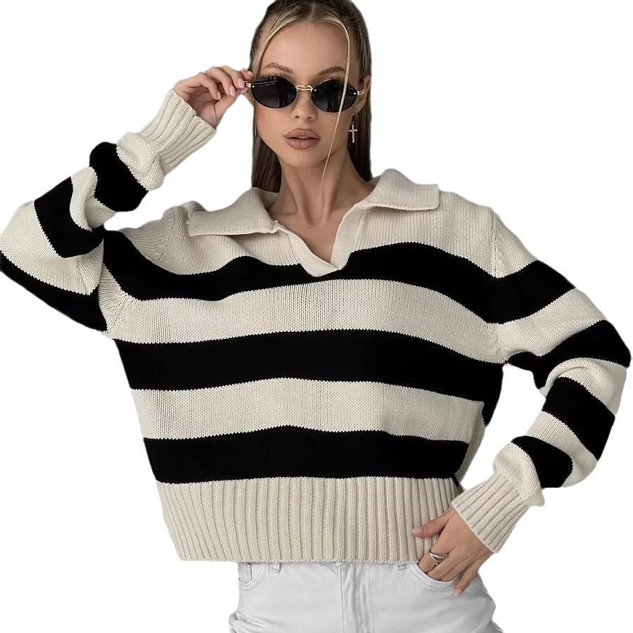 Damen Grob gestrickter Pullover mit breitem Kragen und Blockstreifendesign EB