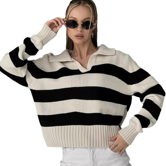 Damen Grob gestrickter Pullover mit breitem Kragen und Blockstreifendesign EB