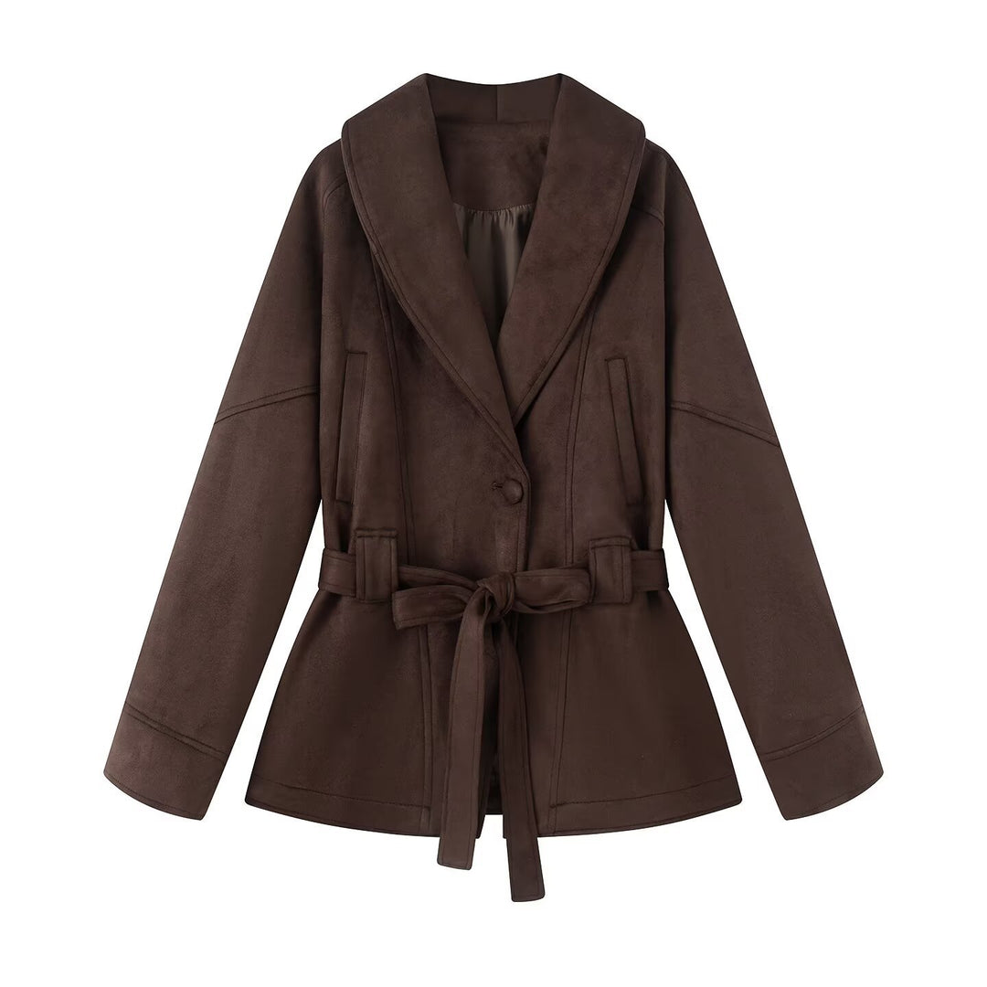 Damen elegante Wildlederjacke mit Taillengürtel EB