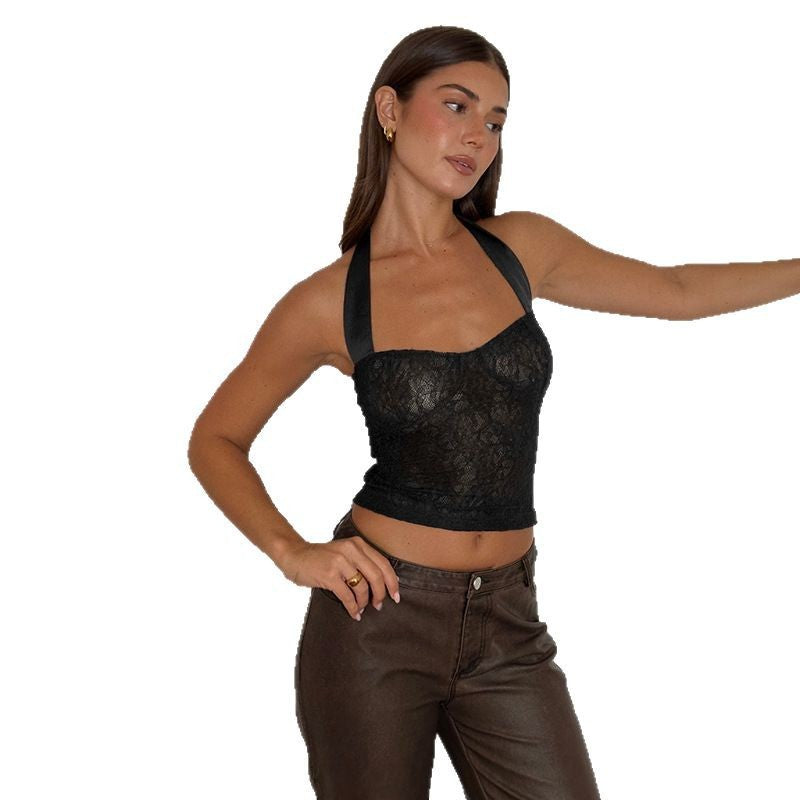Damen Spitzen-Crop-Top mit schimmernden Trägern EB