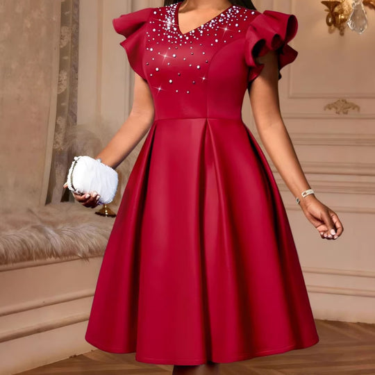 Damen A-Linien Kleid mit glitzernden Perlen und voluminösen Ärmeln EB