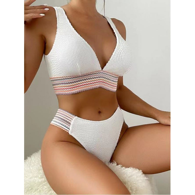 Damen Wellenmuster Bikini-Set mit tiefem V-Ausschnitt EB